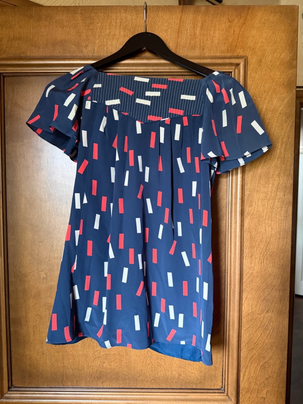 Navy Kids' Short Sleeve Dress with Red & White Geometric Accents